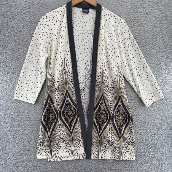 Chicos Jacket Womens 2 US Large Ivory Gold Travelers Foiled Peacock 3/4 Sleeves - Picture 1 of 10